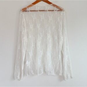 Womens Long Sleeve Floral Sheer Mesh Top 2XL White Fairy Dainty Coquette Layer